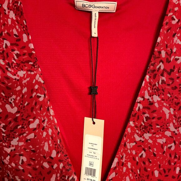 NWT Red BCBGeneration Red Floral Long Sleeve Wrap Dress Size 16 Mesh - Picture 5 of 10